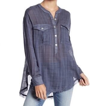 Free People Talk To Me Plaid Gauze Popover Frayed Hem Boho Tunic Top Size XS
